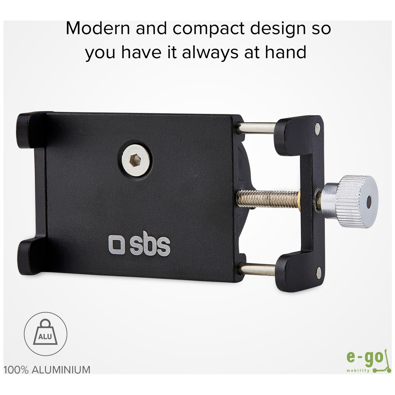 Een zwarte aluminium telefoonhouder met zilveren schroeven en een "sbs" logo.