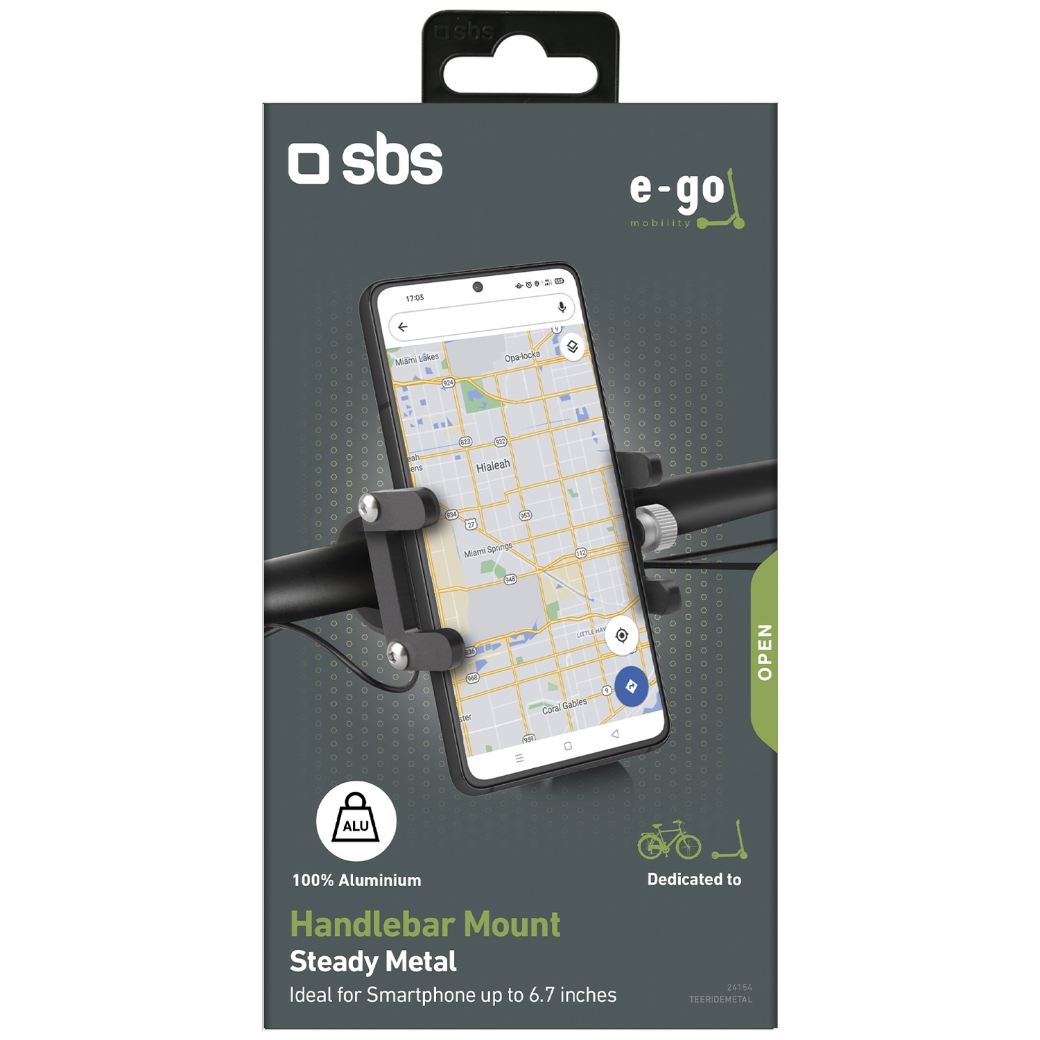 Smartphone op stuurhouder met kaart-app, met SBS e-go mobility branding.