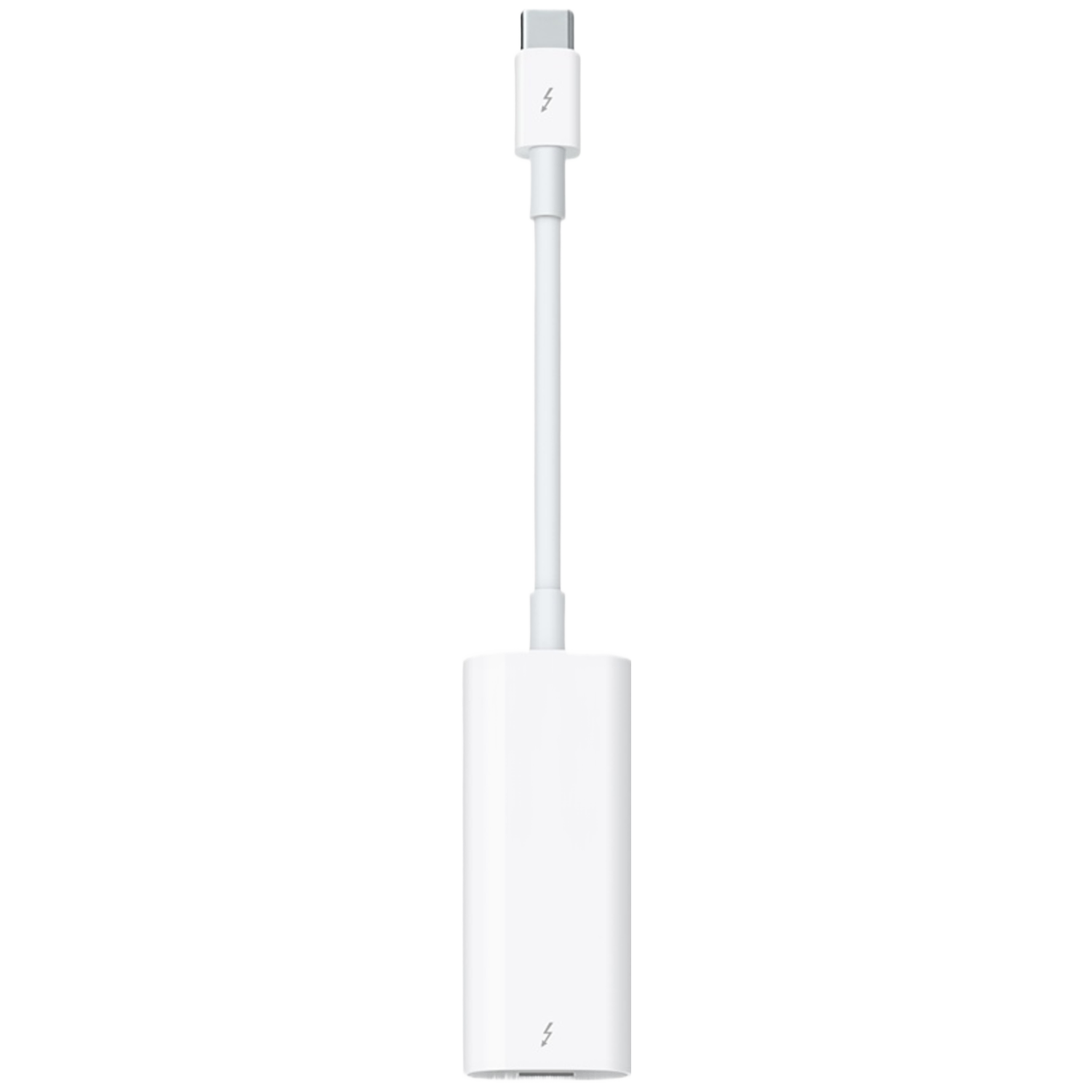 Een witte Thunderbolt-adapter met bliksemschichtsymbolen op een witte achtergrond.