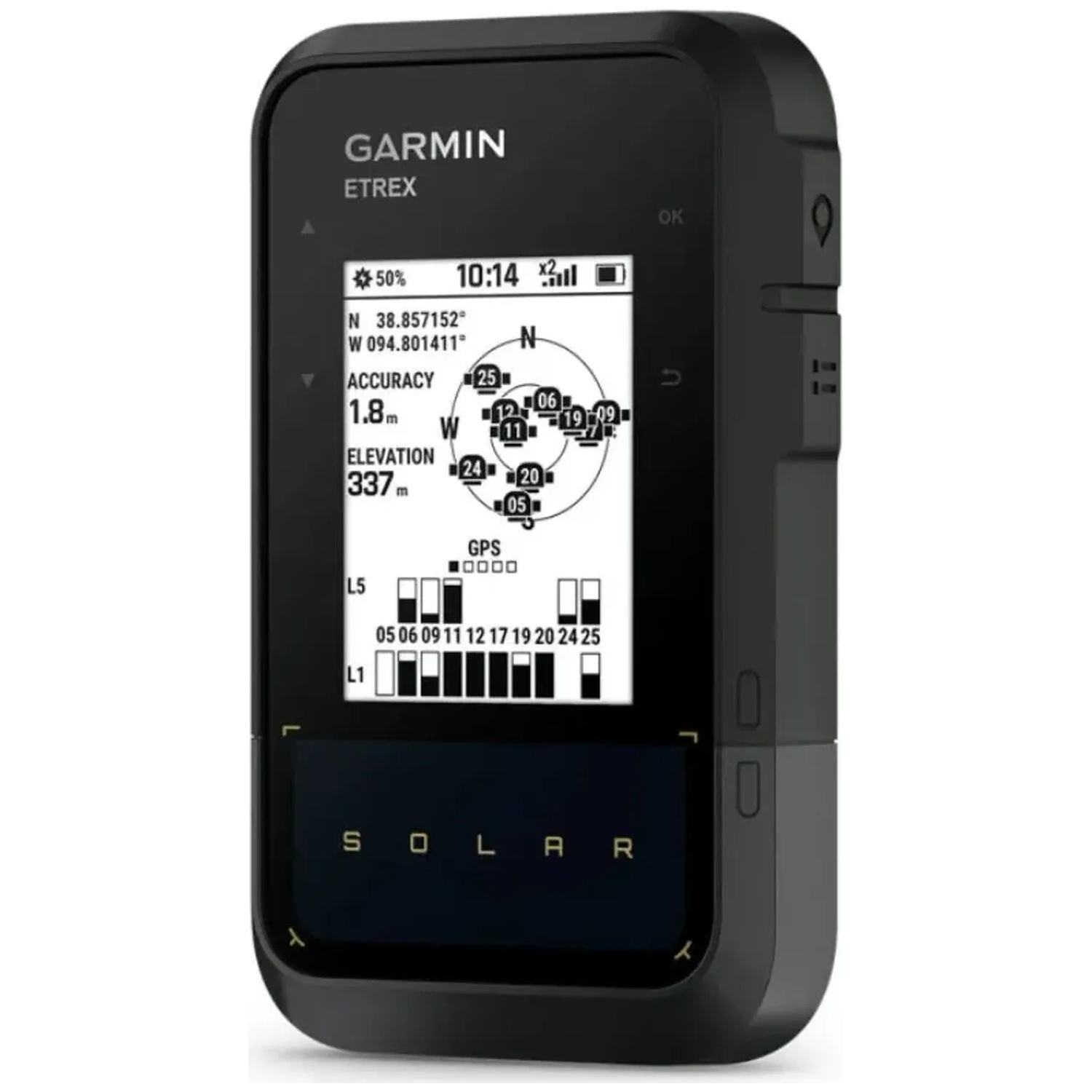 Appareil GPS Garmin Etrex noir avec écran affichant coordonnées et satellites.