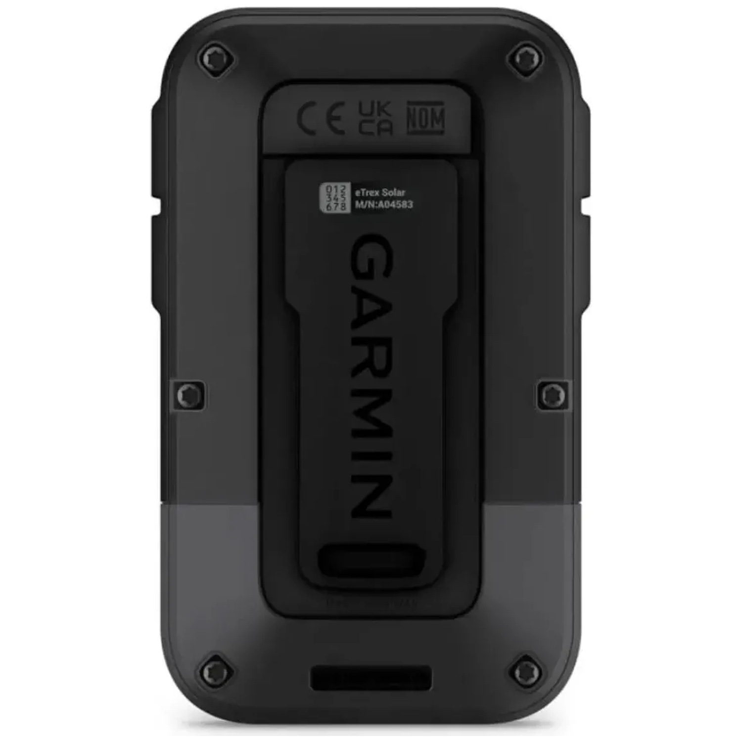 Arrière d'un GPS Garmin noir montrant des vis et des marques de certification.