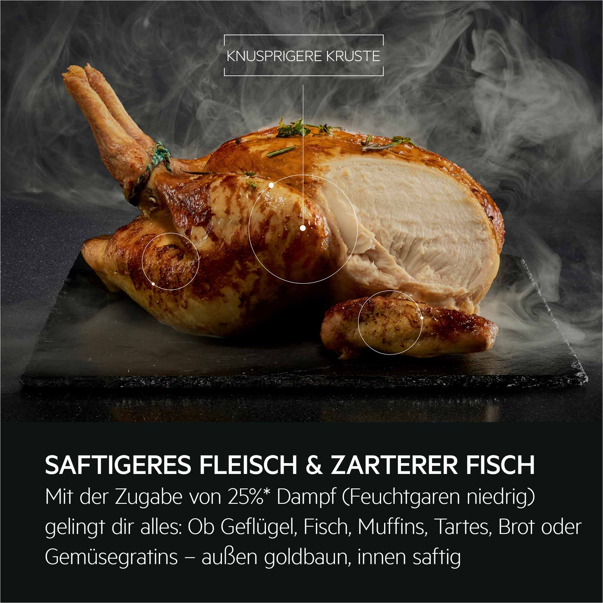 Ein goldbraun gebratenes Huhn mit Dampf, innen saftig.