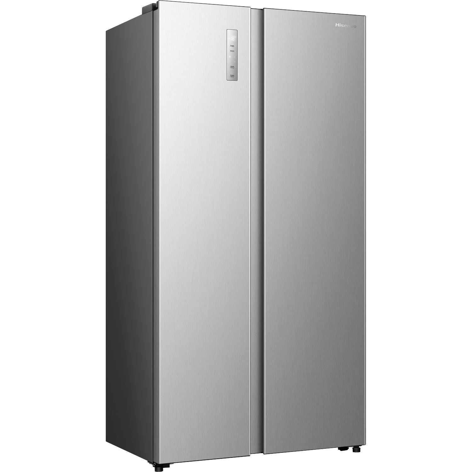 A silver Hisense side-by-side refrigerator is shown against a white background.