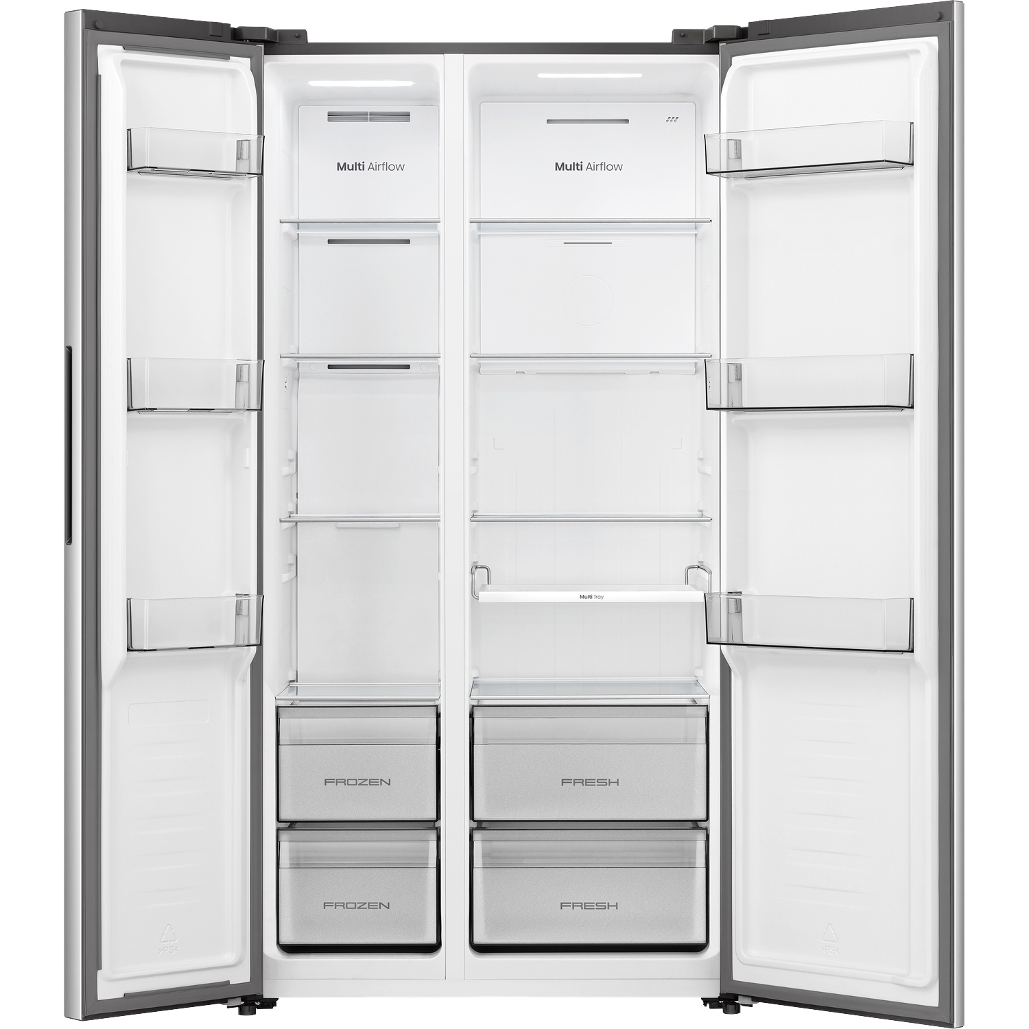 Open refrigerator with multi airflow, clear shelves, and two frozen and two fresh drawers.