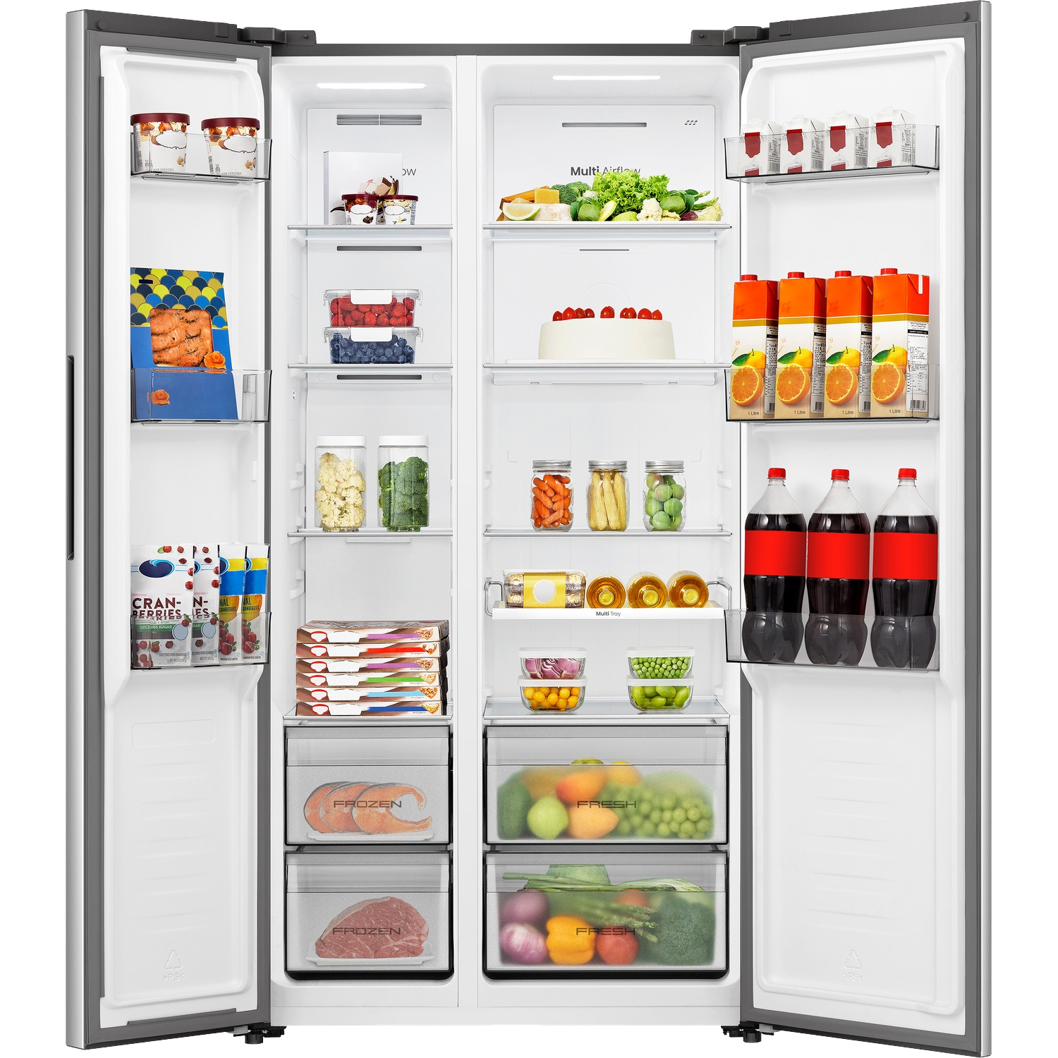 Open refrigerator stocked with food: berries, vegetables, juice, and frozen fish.