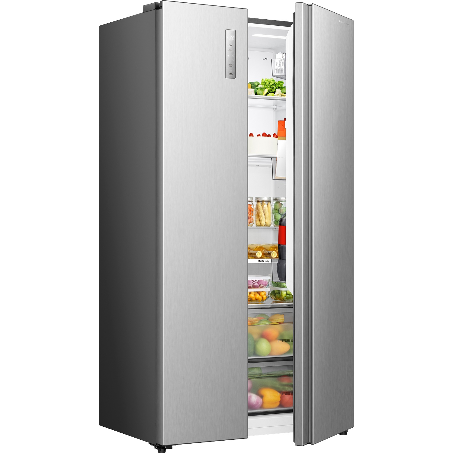 A silver refrigerator with its door open, filled with food items.