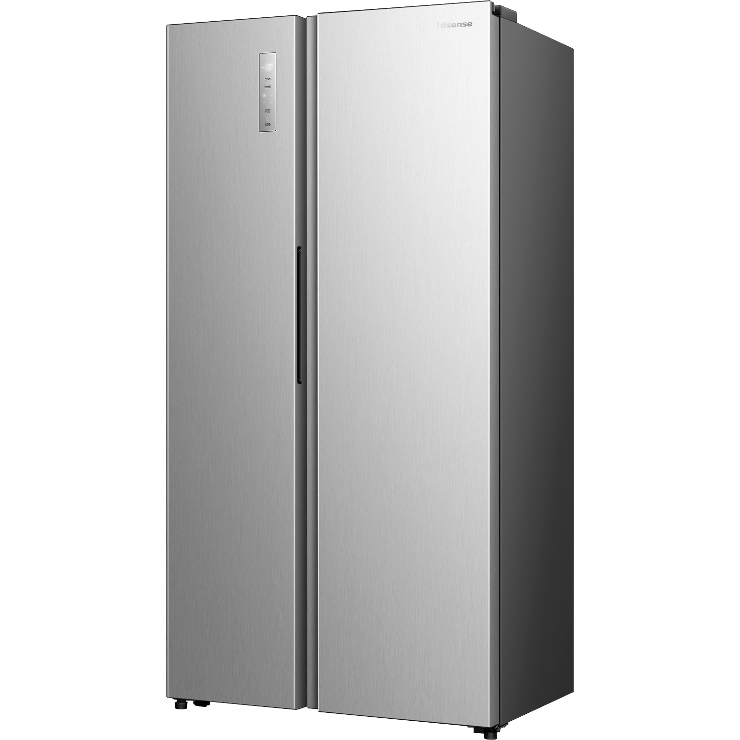 A silver Hisense double-door refrigerator stands against a white background.