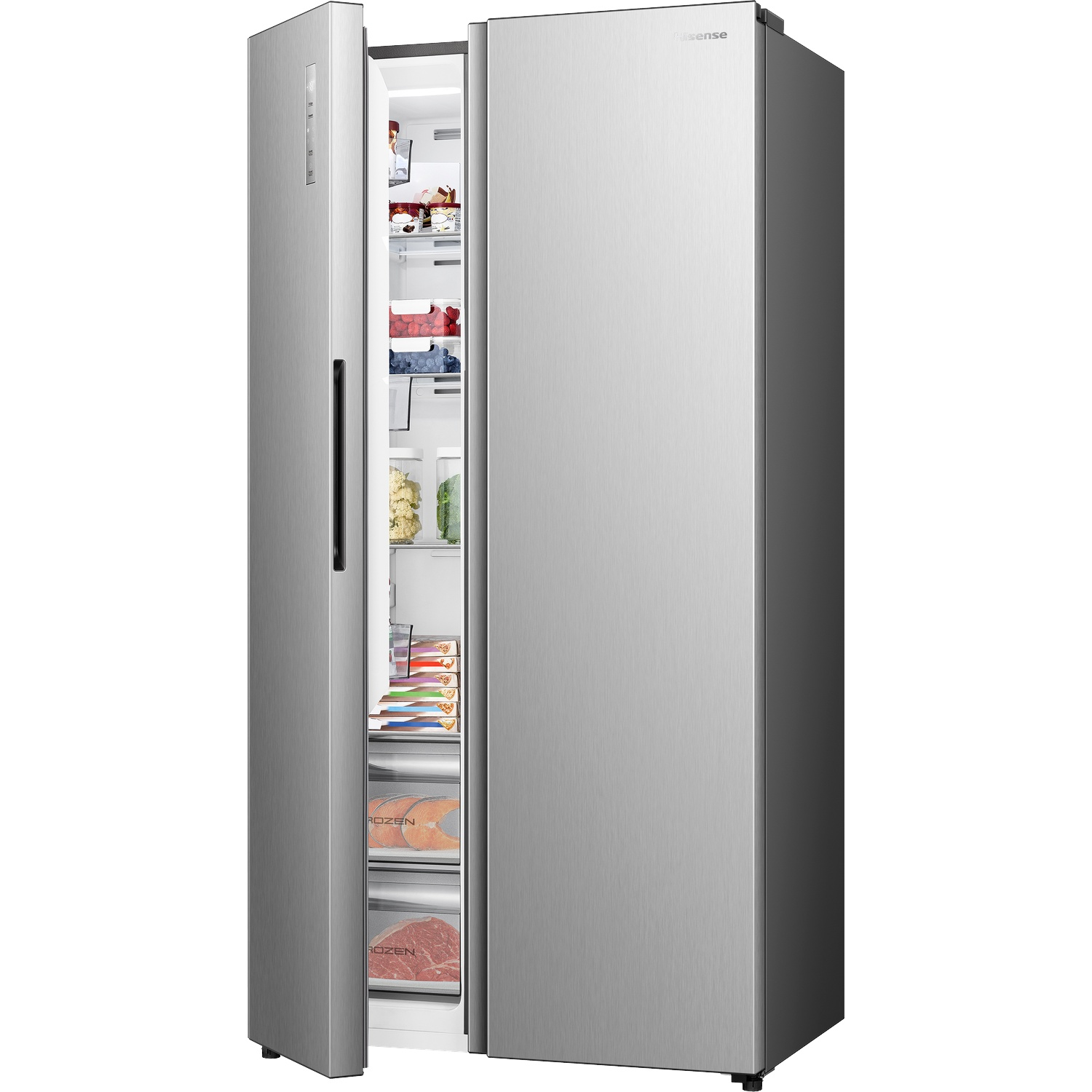 A silver double-door refrigerator with one door open, displaying food items.