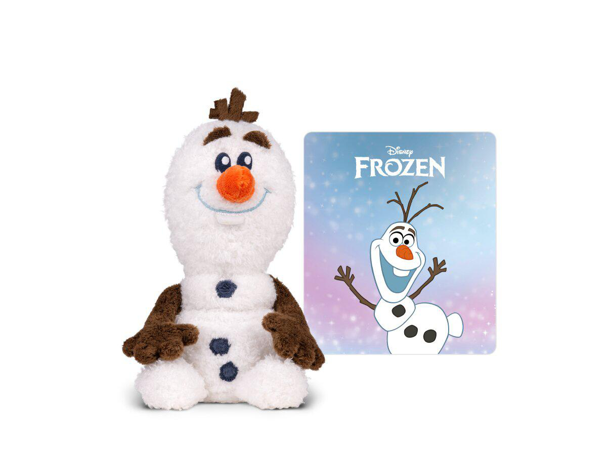 Ein Plüsch-Olaf steht neben einer Disney Frozen-Karte mit Olaf.
