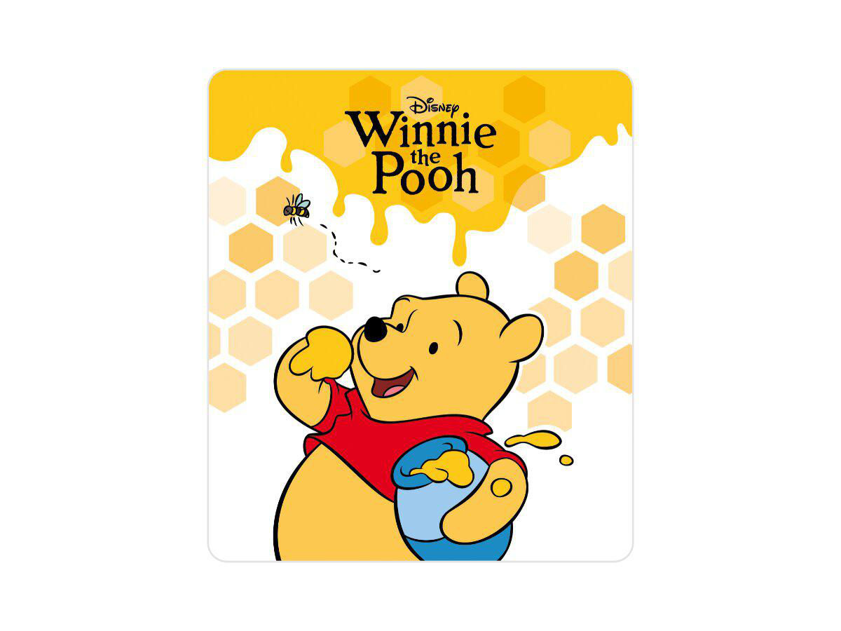 Winnie Puuh hält einen Honigtopf mit einer fliegenden Biene in der Nähe.
