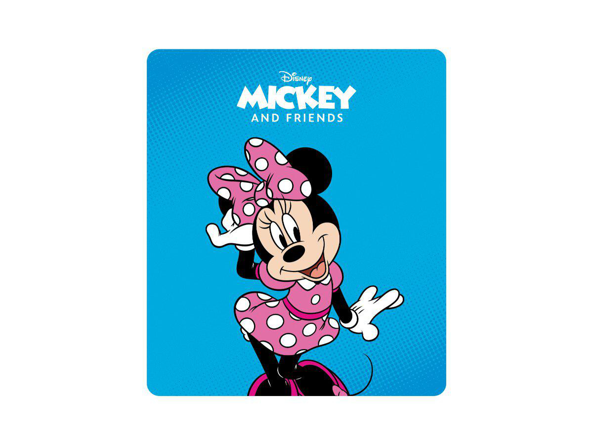 Minnie Maus in einem pinken gepunkteten Kleid und Schleife auf blauem Hintergrund.