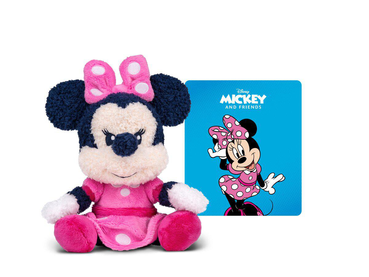 Plüschtier Minnie Maus im rosa Kleid neben einer blauen Karte mit Minnie Maus.