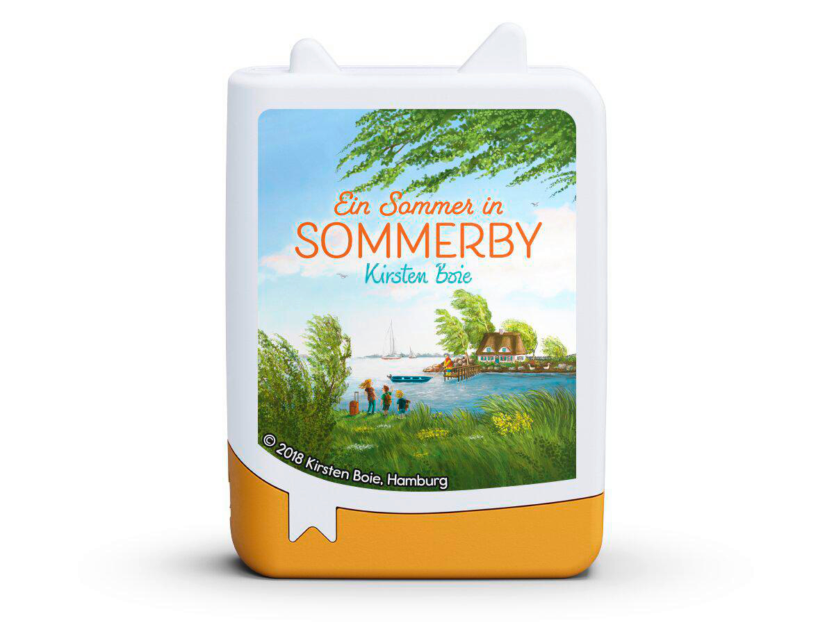Ein Sommer in Sommerby: Kinder mit Koffer am Wasser, Haus am See, Boote.
