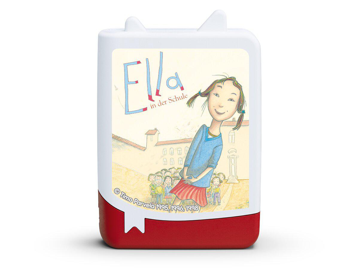 Ein Buchcover mit einem Mädchen und Schulkindern vor einem Gebäude.