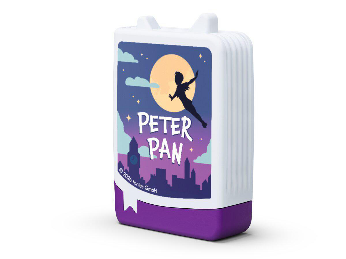 Tonie-Figur mit Peter Pan-Motiv: Silhouette von Peter Pan fliegt vor Mond und Stadtbild.