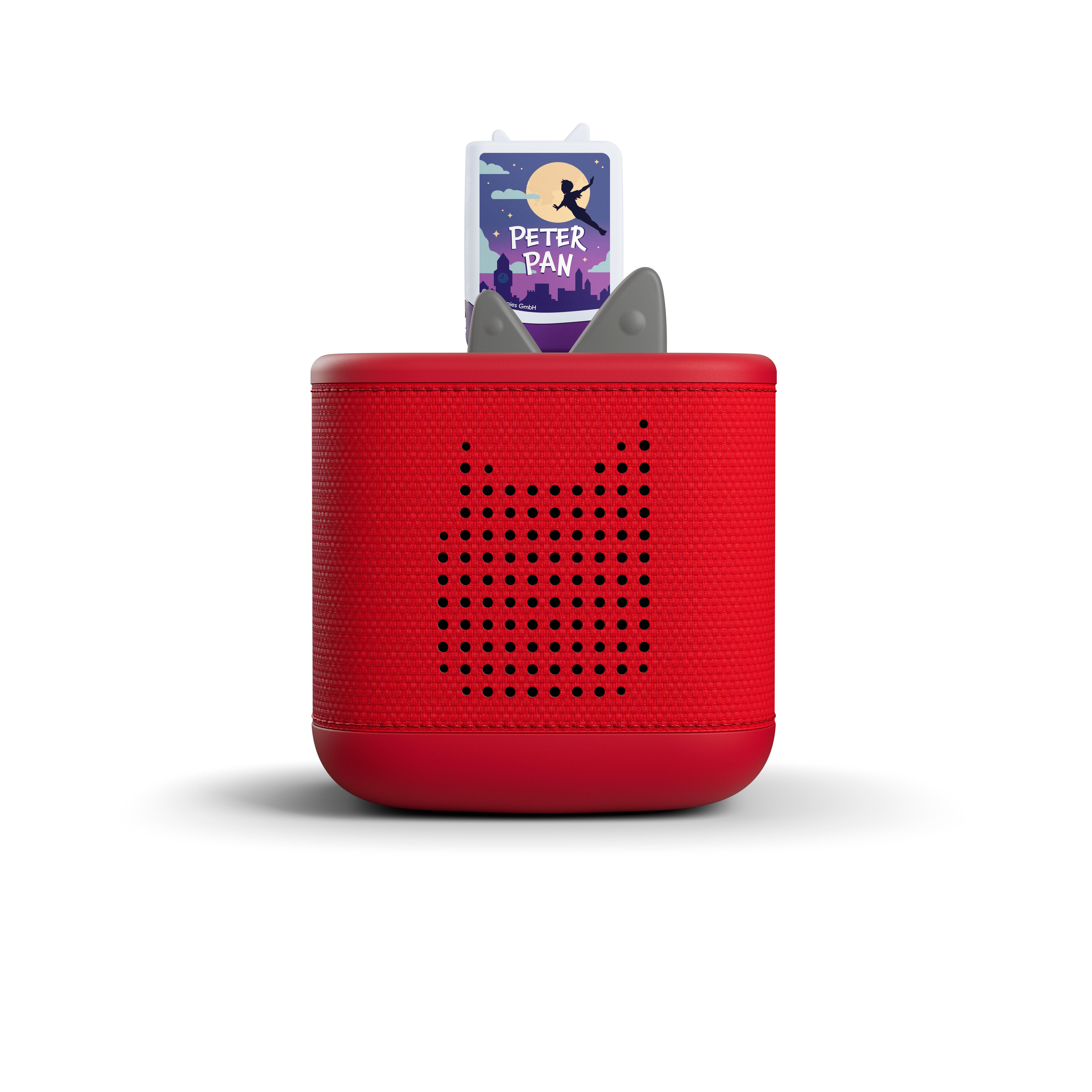 Roter Toniebox mit Peter Pan Karte, grauen Katzenohren und Lautsprechergitter.