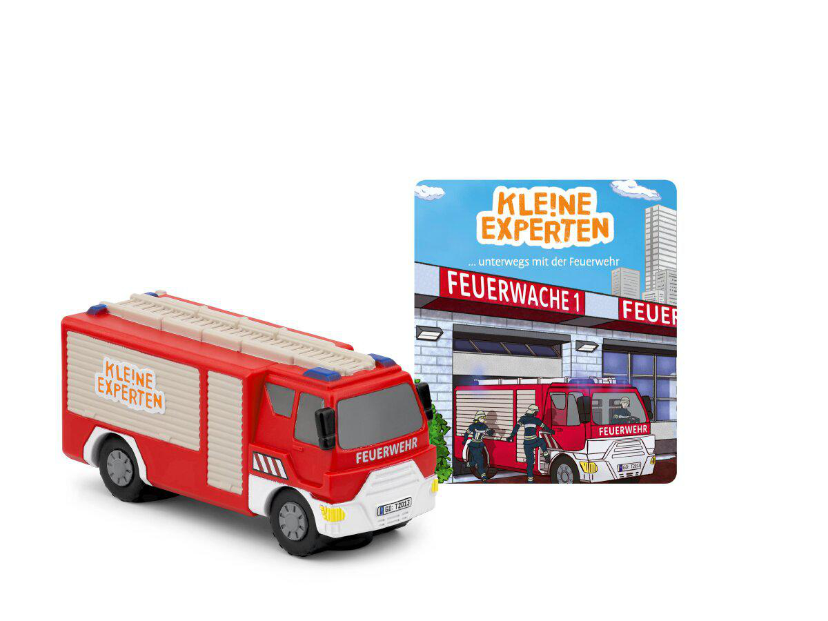 Ein rotes Spielzeug-Feuerwehrauto mit "Kleine Experten" Aufschrift neben einer Illustration.
