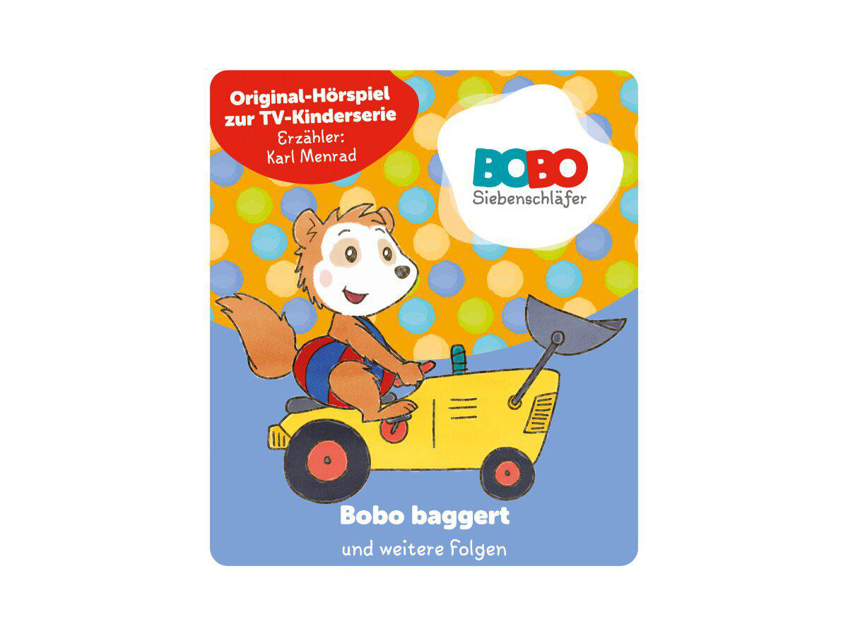 Ein Siebenschläfer fährt einen gelben Bagger. Bobo Siebenschläfer.