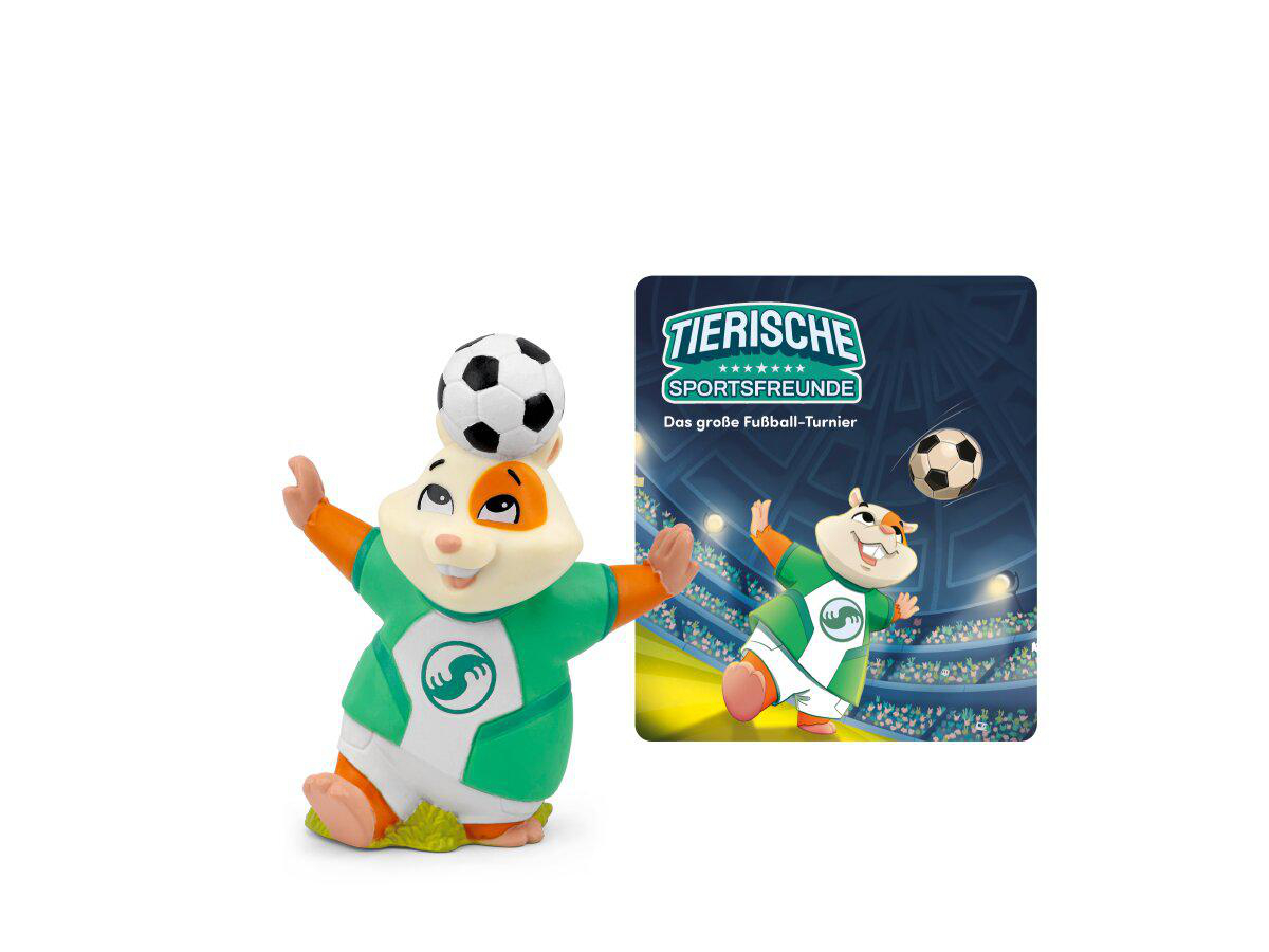 Eine Comicfigur eines Hamsters in einem grünen Fußballtrikot balanciert einen Fußball auf dem Kopf.