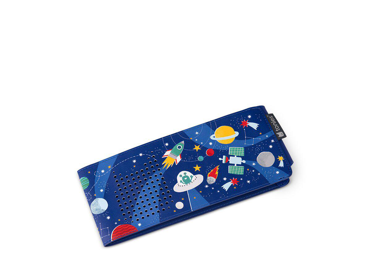 Ein blauer Klettverschluss mit Weltraum-Motiv, Raketen, Planeten und Sternen.