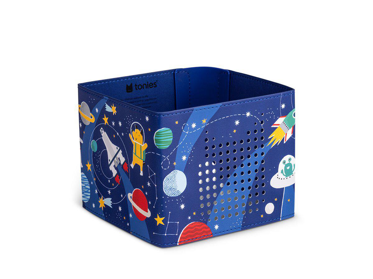 Blauer Behälter mit Weltraumdesign: Raketen, Planeten, Sterne und ein Astronaut.