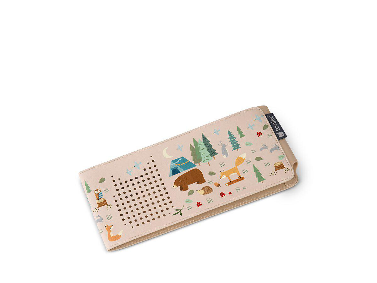 Beige Tasche mit Waldtiermotiv: Bär, Fuchs, Igel, Hase, Eule.