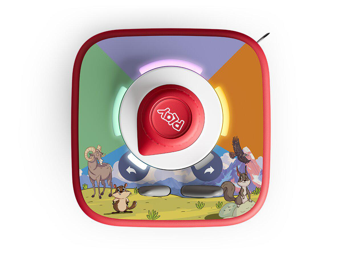 Ein rotes Spielzeug mit Tieren und Bergen, ein großer roter Knopf in der Mitte.