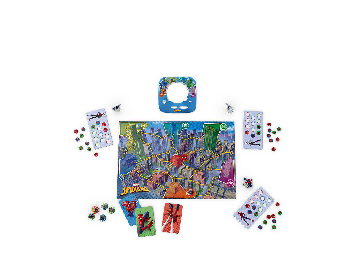 Spider-Man Brettspiel mit Stadtplan, Karten, Token und Würfeln auf weißem Grund.