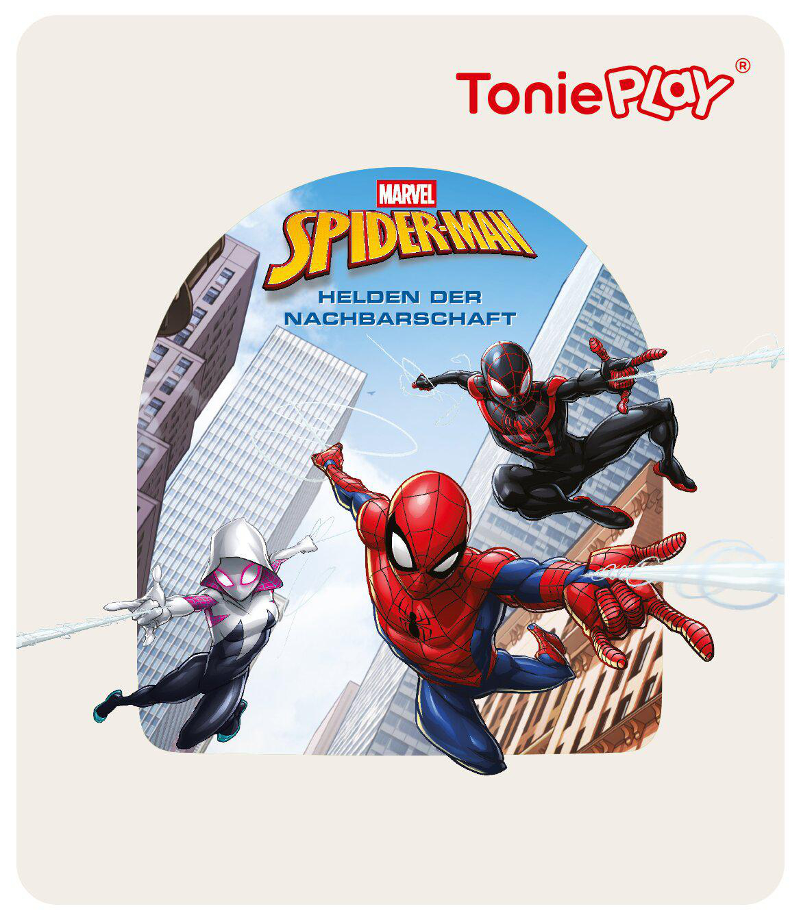 Drei Spiderman-Figuren schwingen sich vor Stadthäusern.