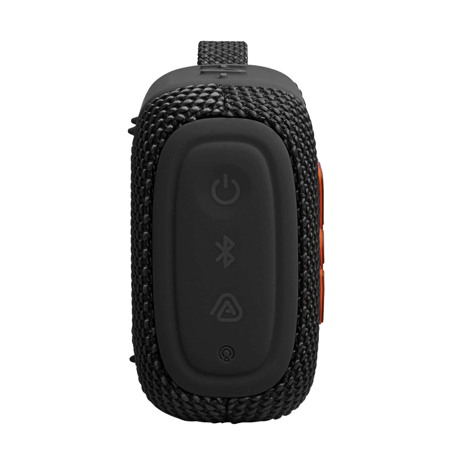 Schwarzer, kompakter Lautsprecher mit Power-, Bluetooth-, und Play-Tasten.