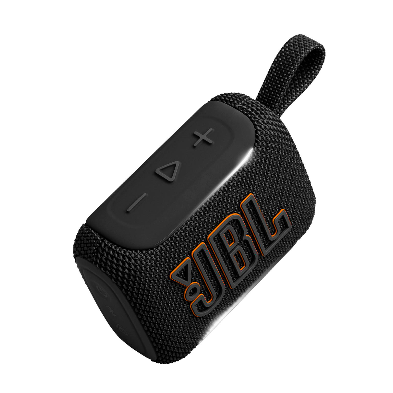 Schwarzer JBL Lautsprecher mit orangefarbenem Logo und Bedienelementen.
