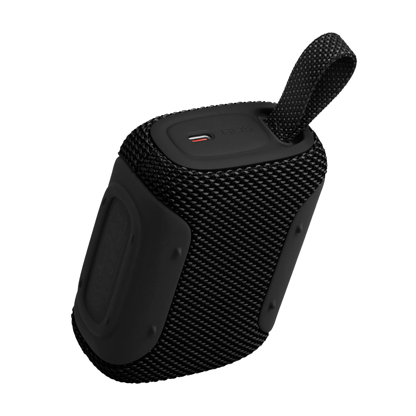 Schwarzer tragbarer Lautsprecher mit Trageschlaufe, Modell GO5.