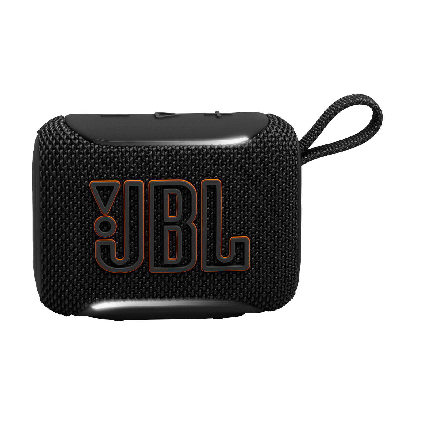 Schwarzer JBL Lautsprecher mit orangefarbenem Logo und Trageschlaufe.