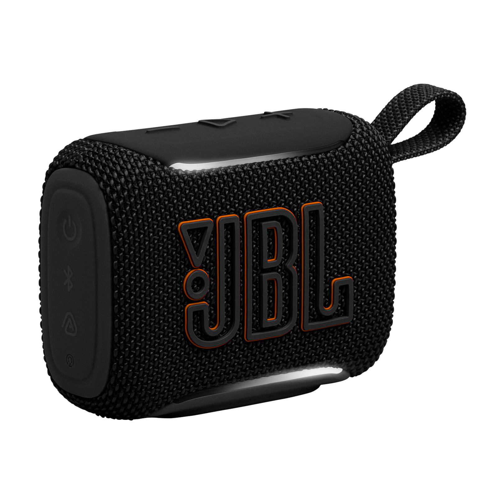 Schwarzer tragbarer JBL-Lautsprecher mit orangefarbenem Logo und Trageschlaufe.