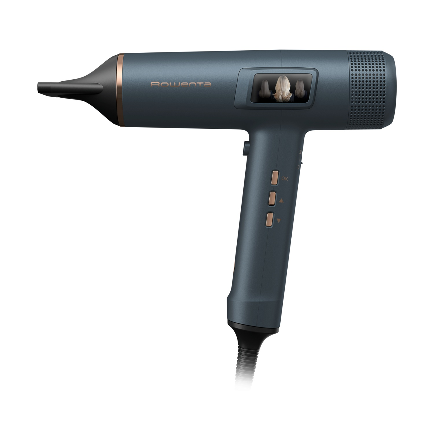 Un asciugacapelli grigio scuro con un piccolo schermo che mostra capelli biondi.