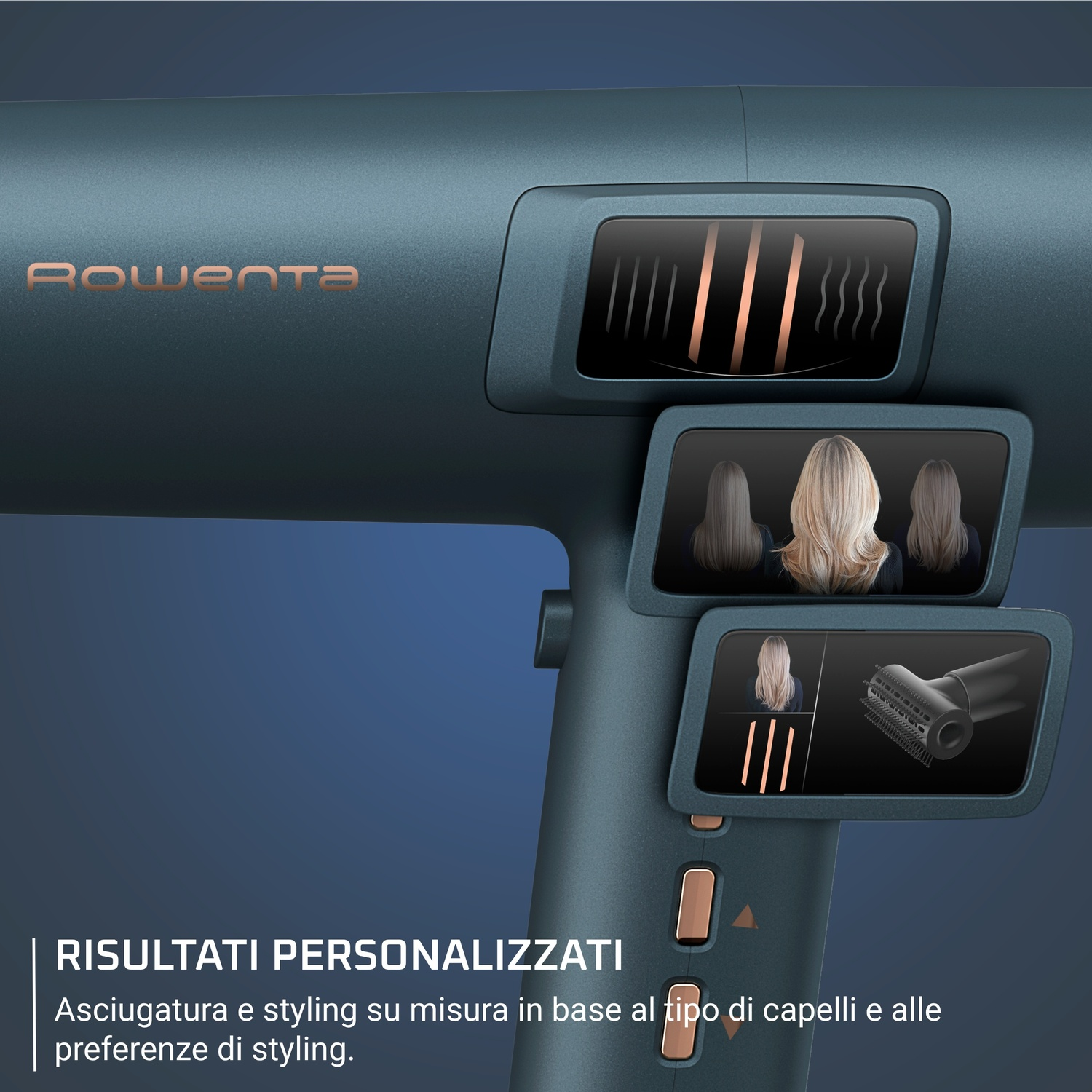 Asciugacapelli Rowenta con schermi che mostrano acconciature e accessori.