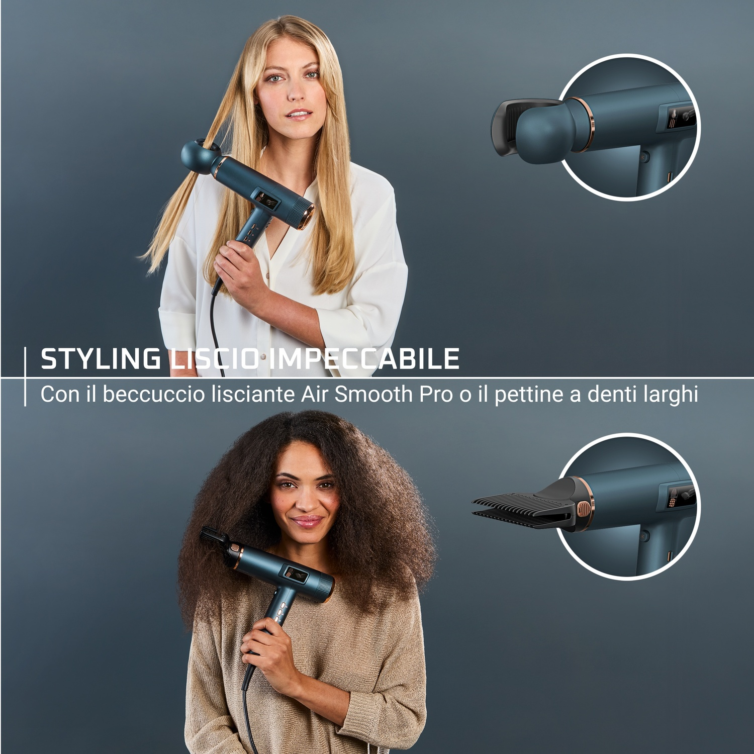 Donna con capelli lisci che si asciuga; donna con capelli ricci che si asciuga.