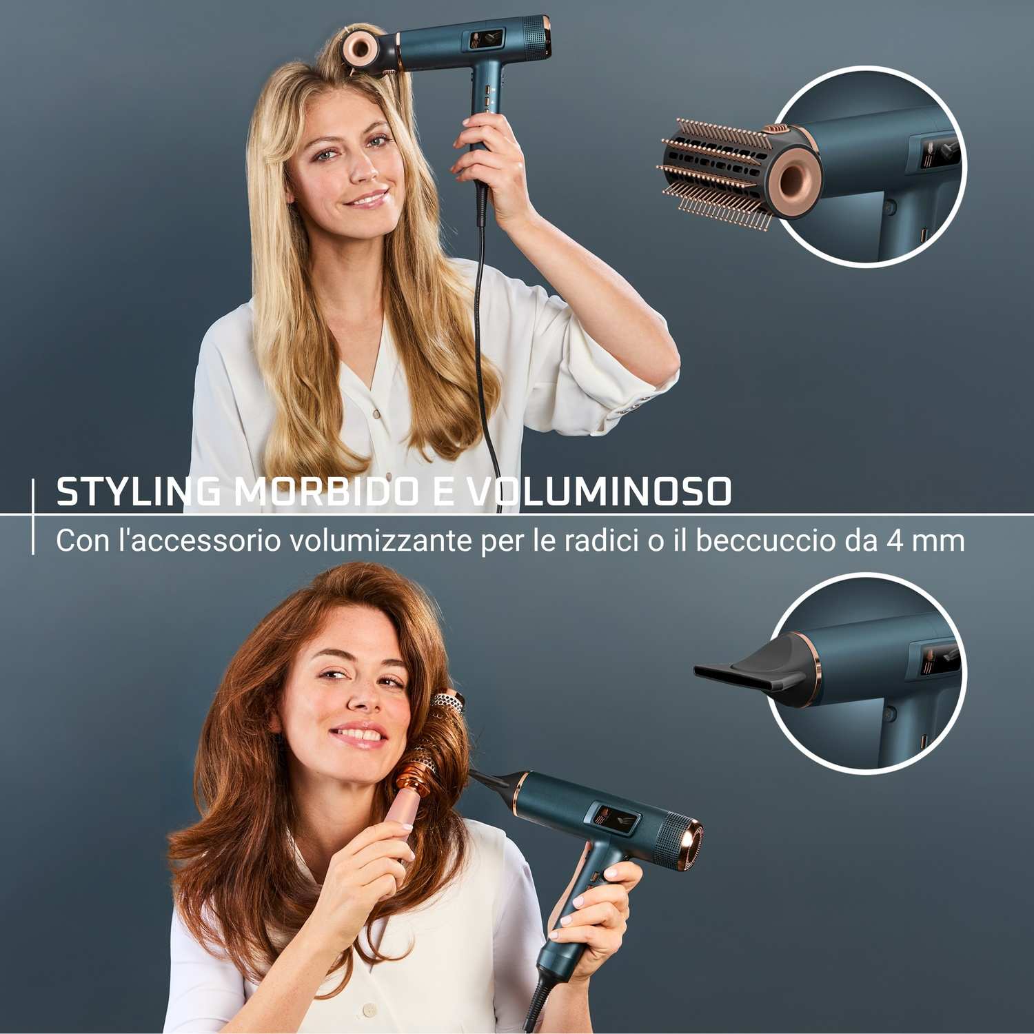 Donna che acconcia i capelli con asciugacapelli e accessori.