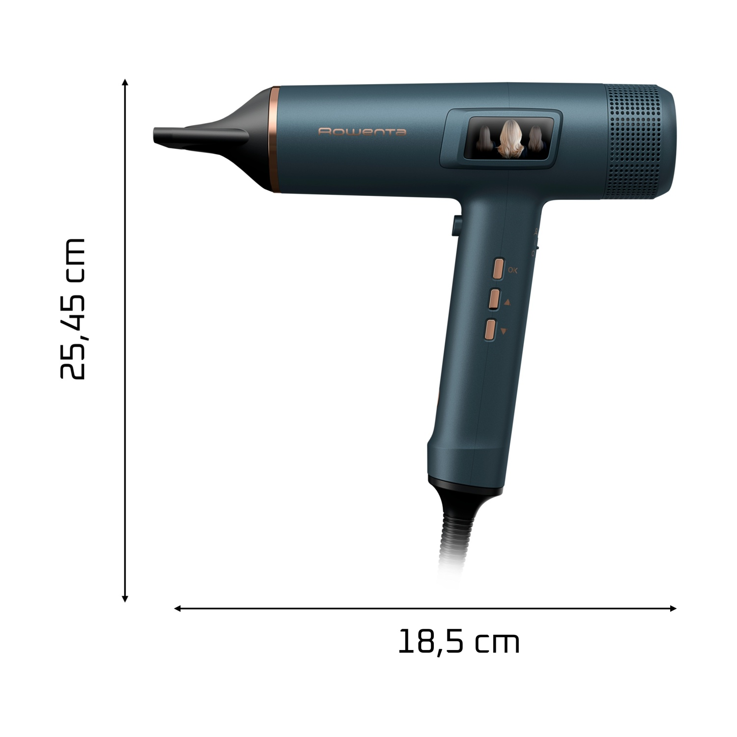Un asciugacapelli Rowenta blu con display digitale e dimensioni.