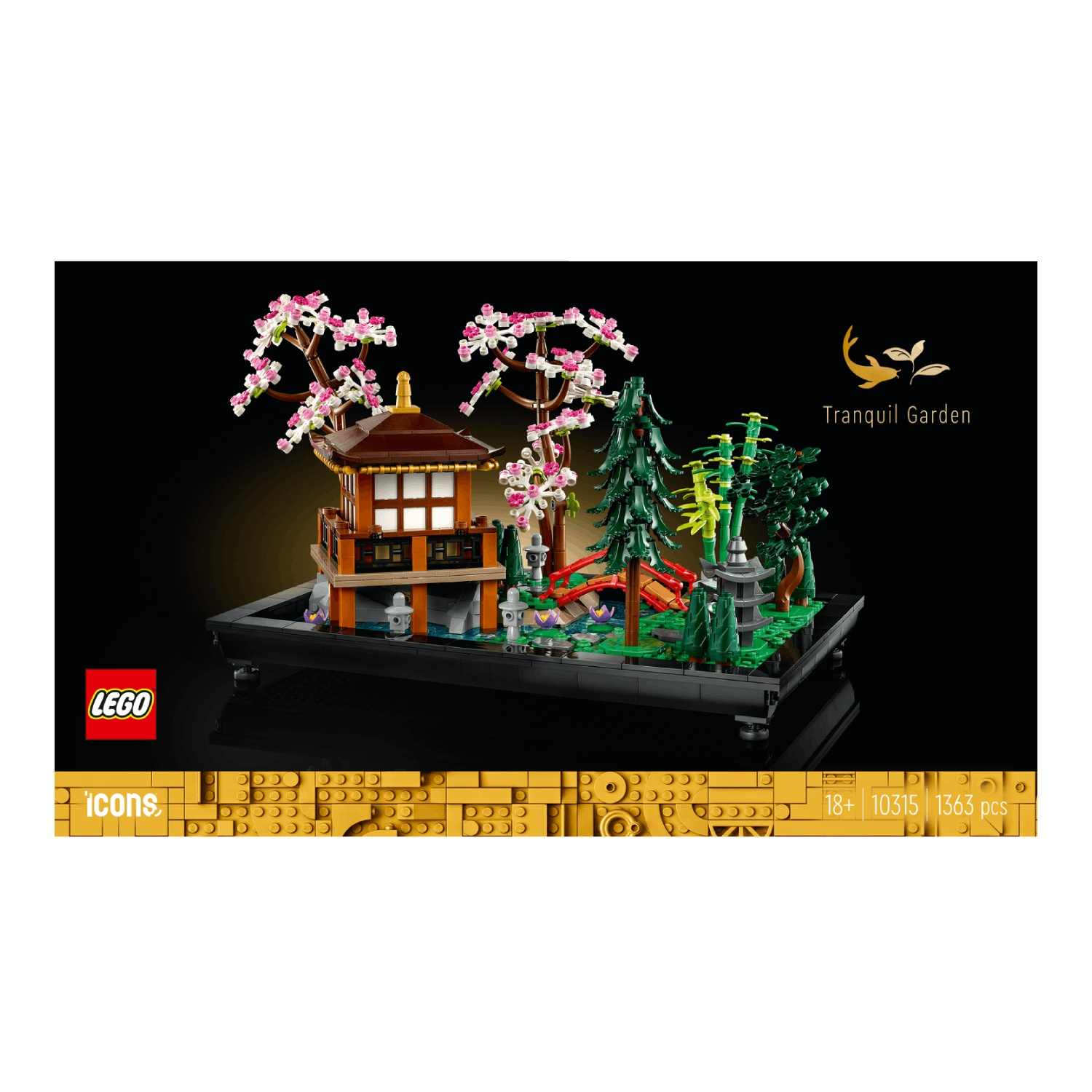 Modèle LEGO d'un jardin paisible avec pagode, fleurs de cerisier et bambou.
