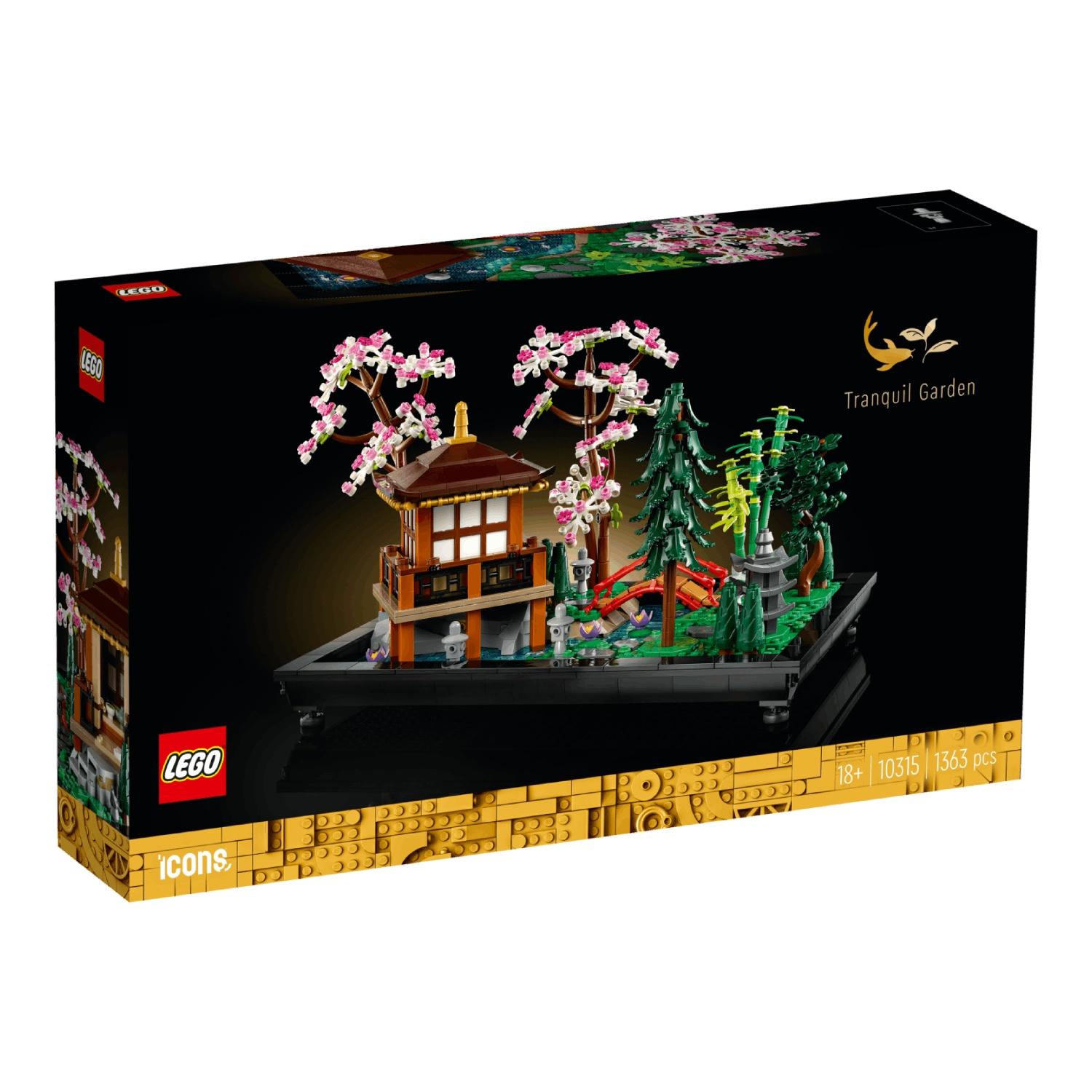 Boîte de set Lego représentant un jardin japonais avec pagode, fleurs de cerisier et bambou.