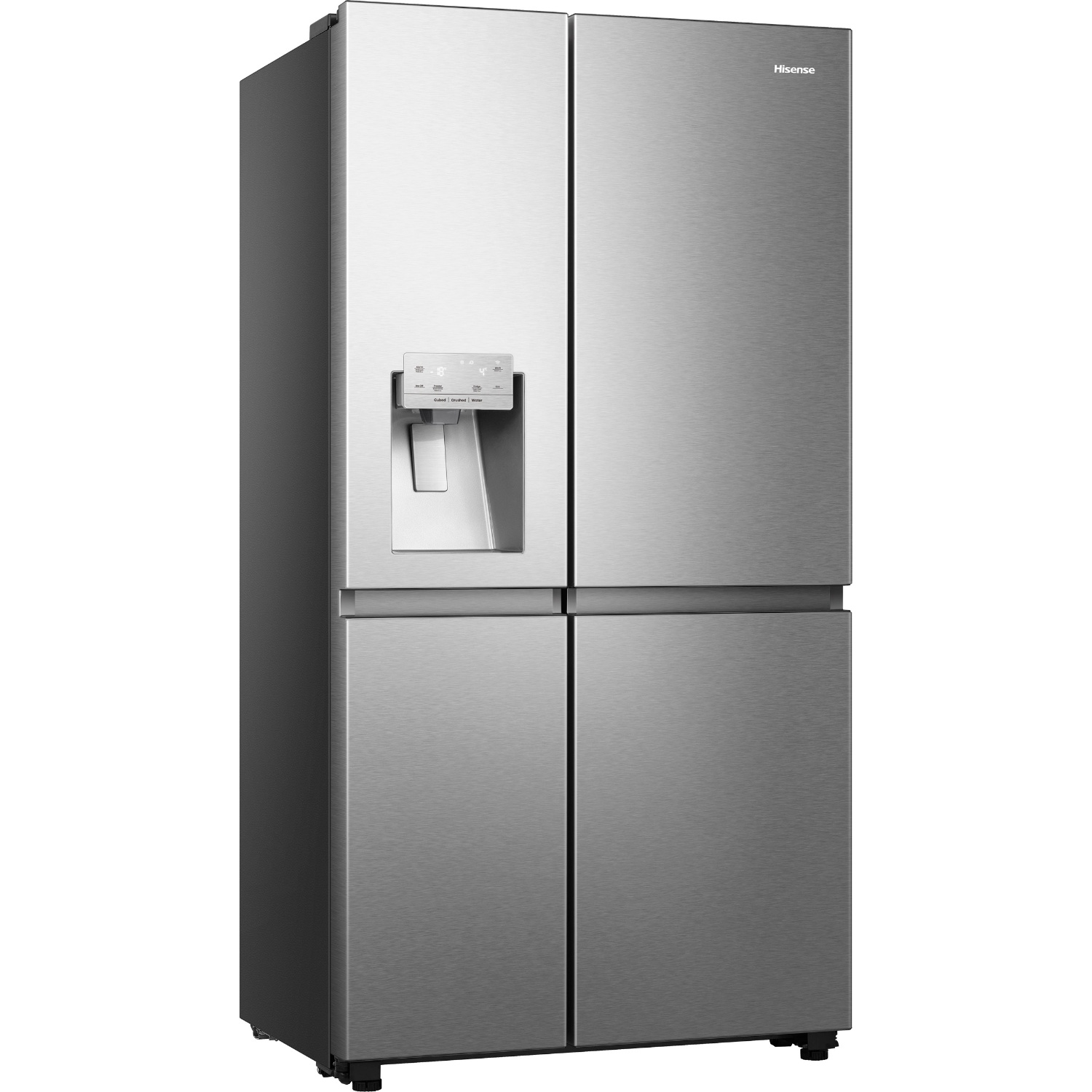 A silver Hisense four-door refrigerator with a water dispenser.