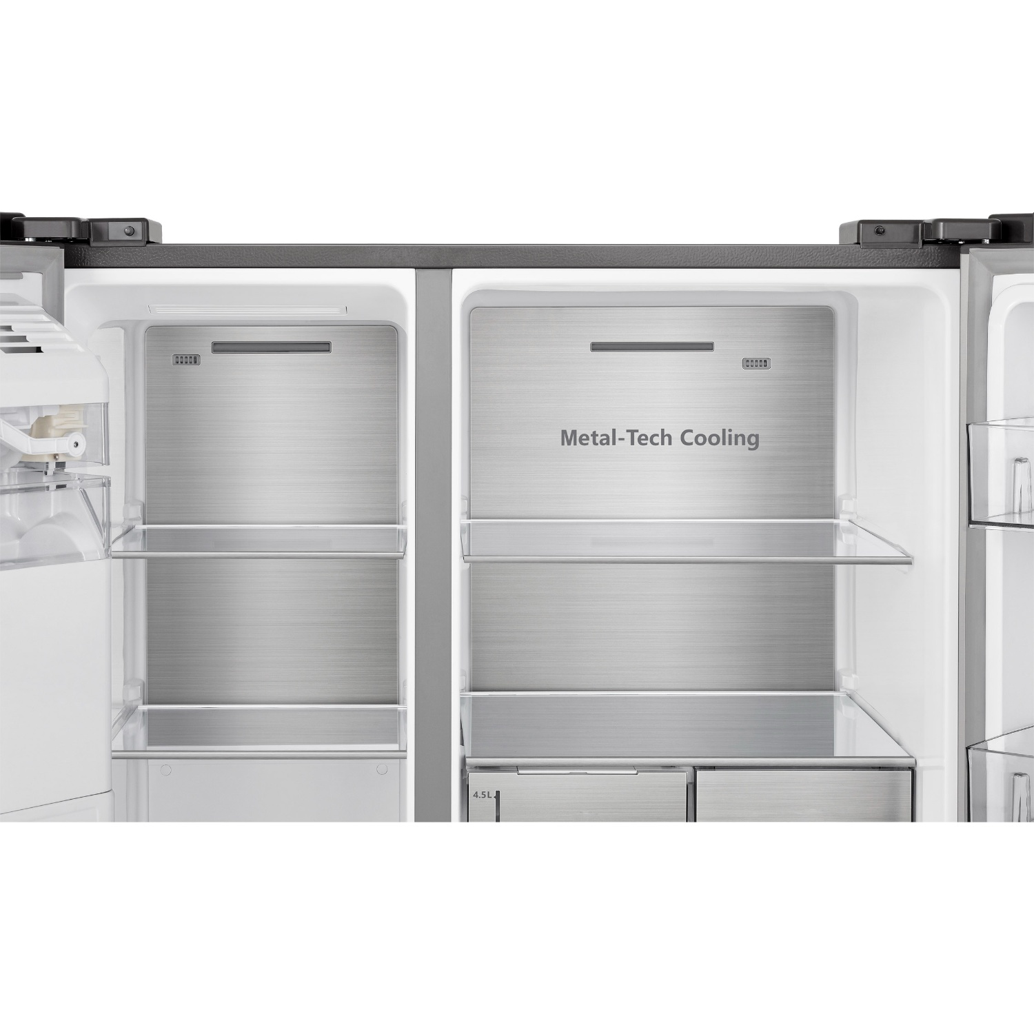 Interior of an open refrigerator with metal shelves and drawers.