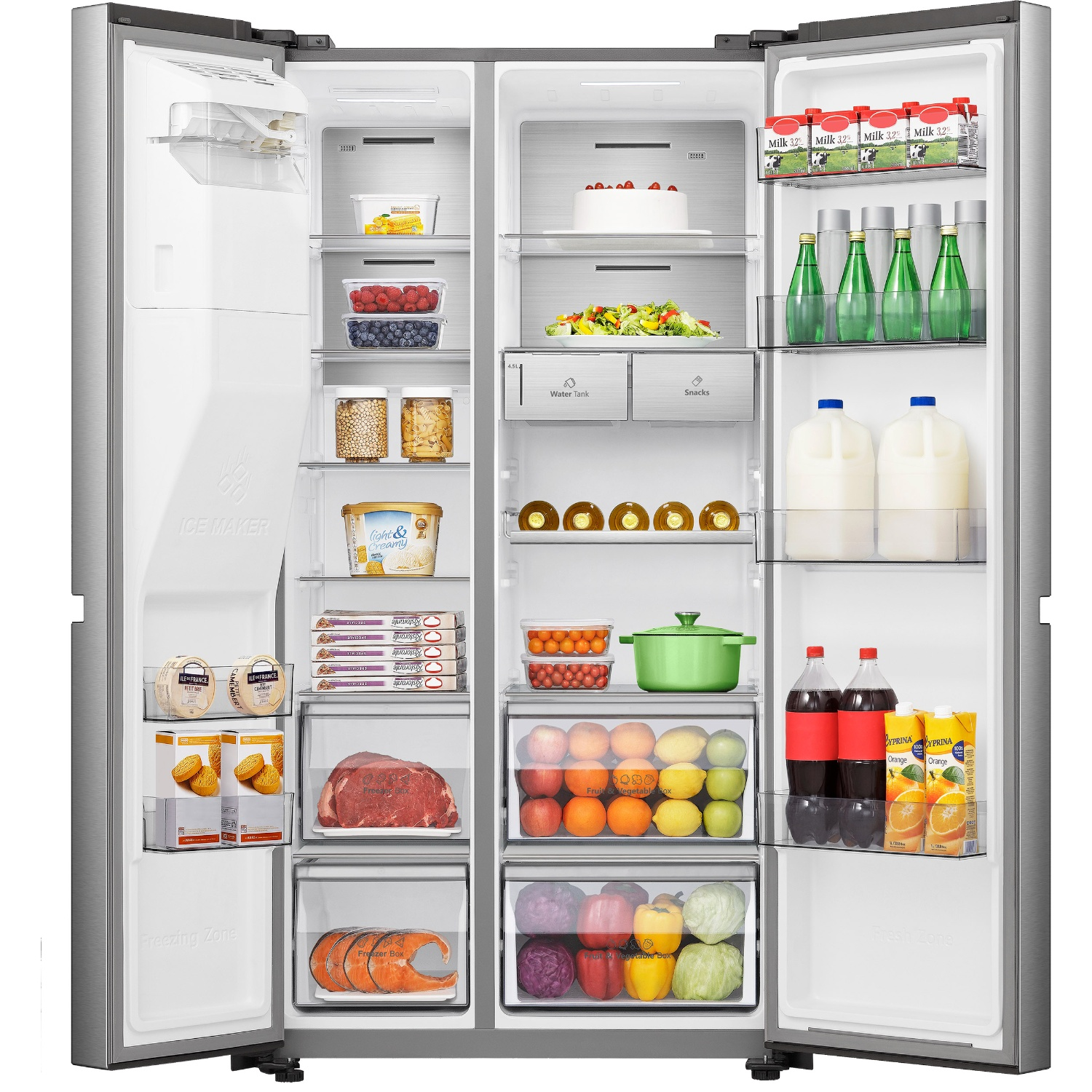 An open refrigerator stocked with food items including milk, fruits, vegetables, meat, and drinks.