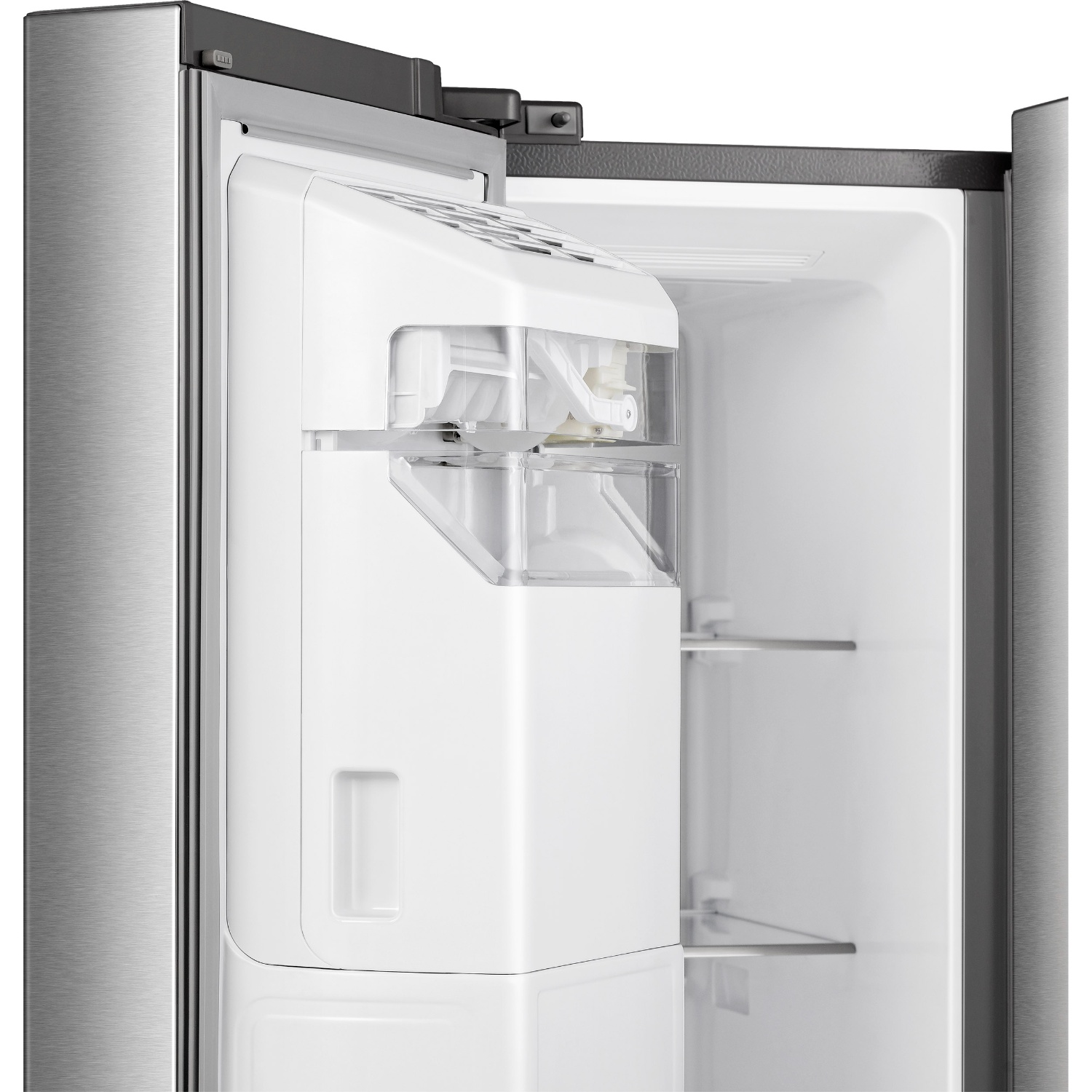 Interior view of an open refrigerator with an ice maker and shelves.