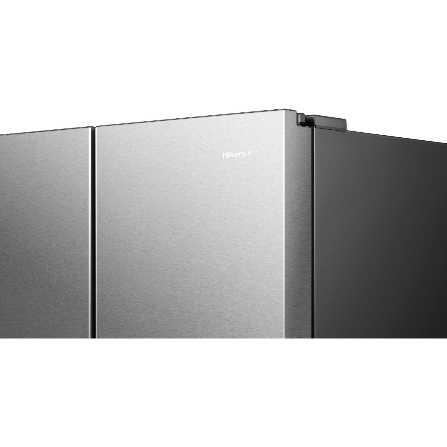 Close-up of a silver Hisense refrigerator with two doors and a black side compartment.
