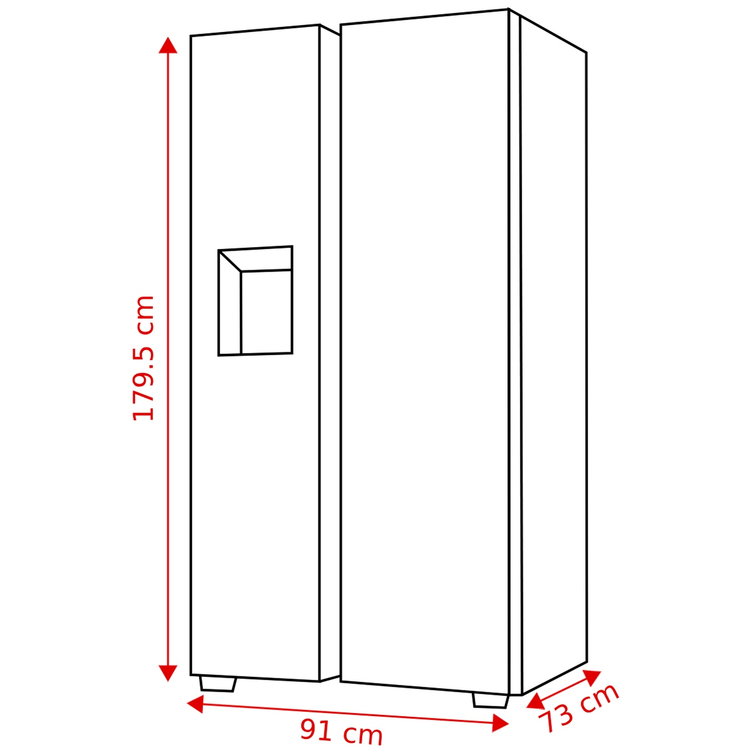 Diagram of a silver refrigerator with dimensions: 179.5cm H, 91cm W, 73cm D.