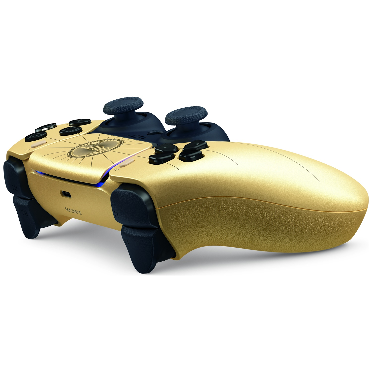 Gold controller with black accents and blue lights.