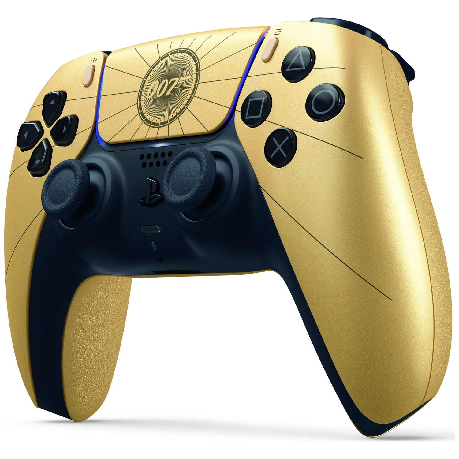 Gold PS5 controller with 007 logo and dark accents.