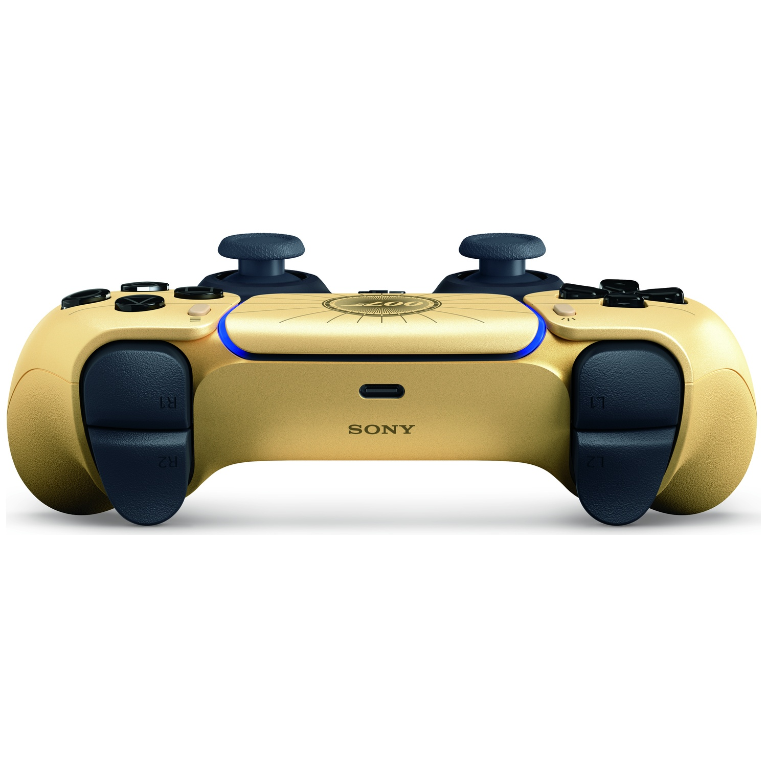 Gold controller with blue accents and joysticks, white background.